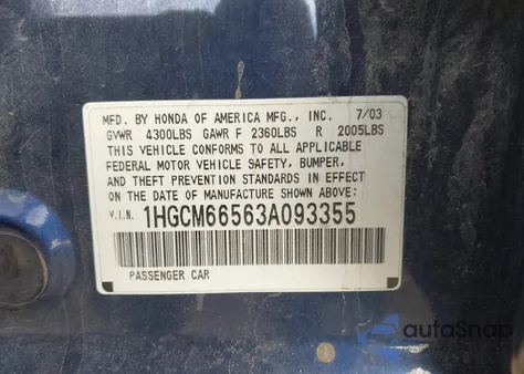 2003 Honda Accord 3.0 Ex from USA, damaged, VIN 1HGCM66563A093355